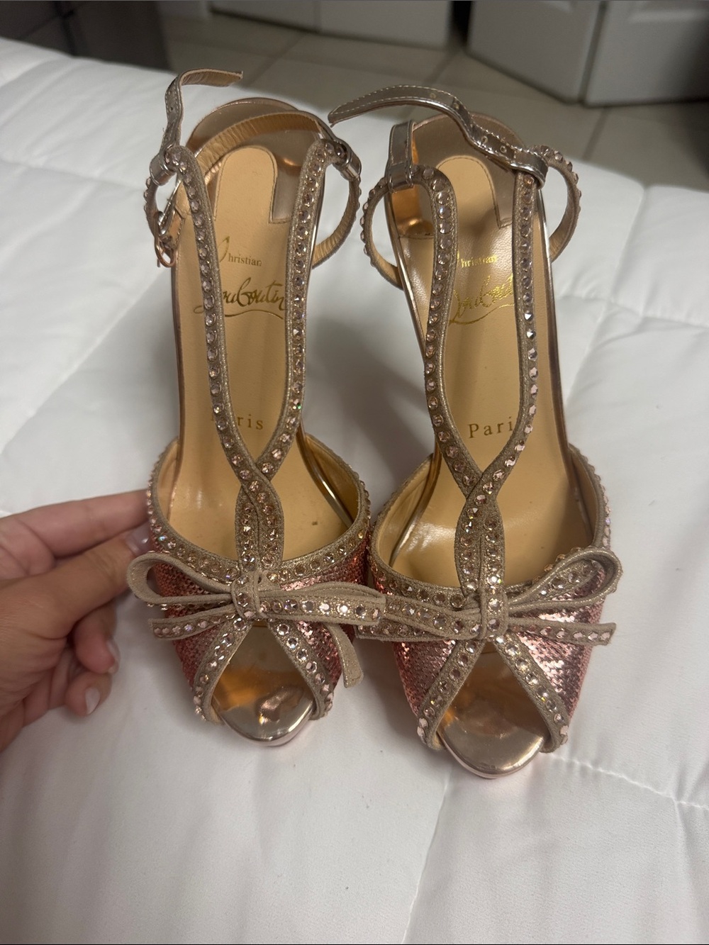 Christian Louboutin Rose Gold Sequin T-Strap Bow Peep-Toe Heels